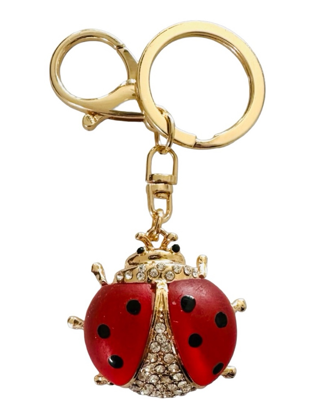 Gold-tone Red Jeweled Ladybug Keychain Ring Handbag Charm 4” Luxury